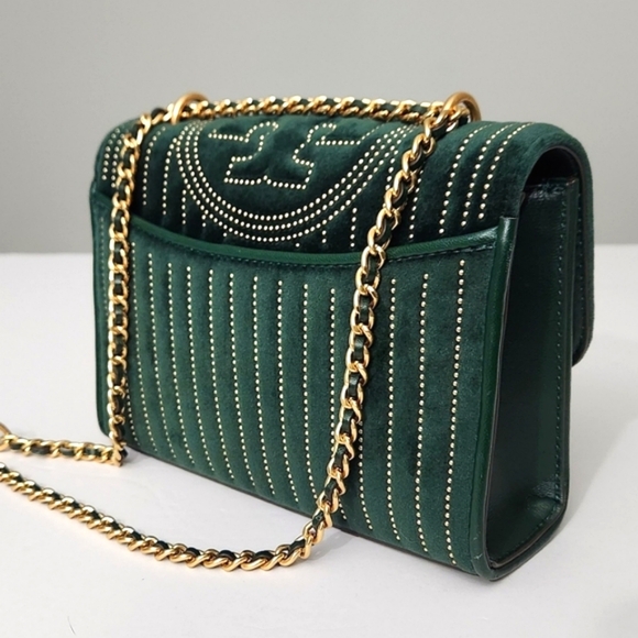 TORY BURCH FLEMING VELVET STUDDED CROSSBODY BAG PINE TREE GREEN - Picture 5 of 7
